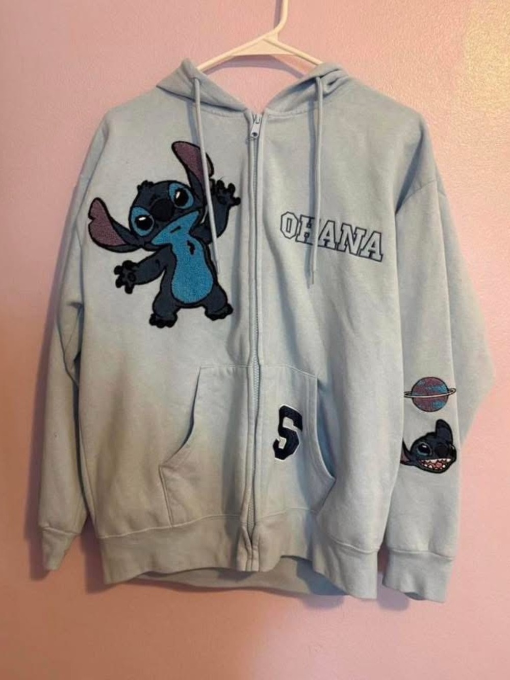Disney Light Blue Stitch Zip-Up Hoodie with Ohana Graphic